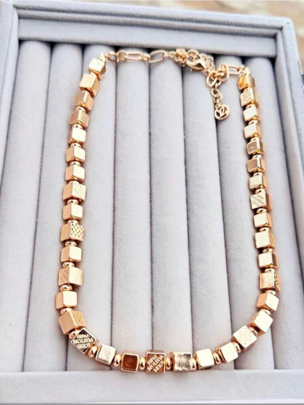 New Arrivals!  Fashion Gold-Tone Textured Square Bead Necklace Logo.
